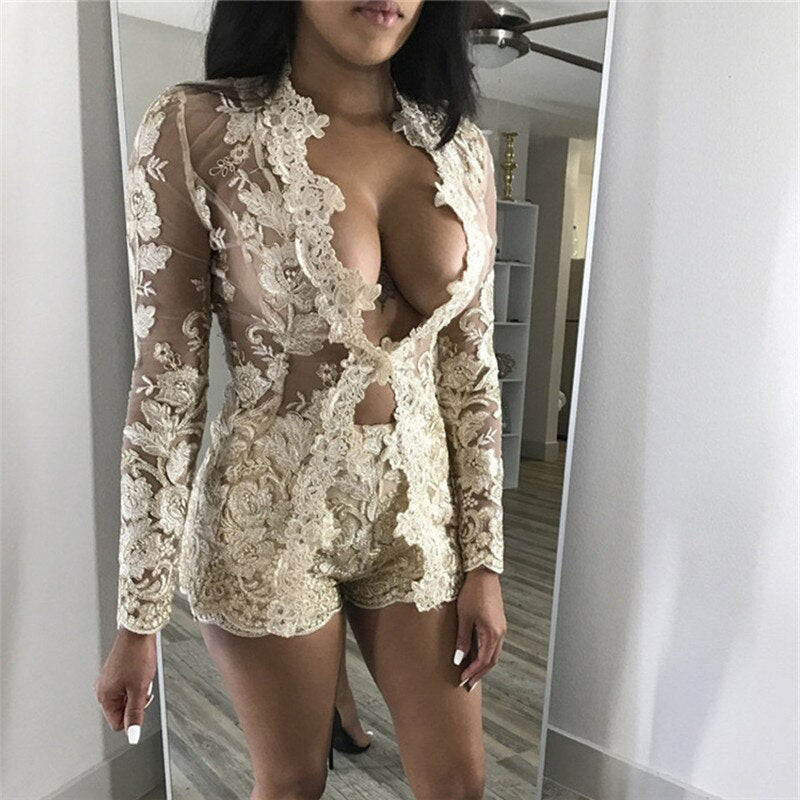 2pcs/set Mesh Gold Embroidery Floral Lace Single Button Long Sleeve Shorts Chic Clubwear