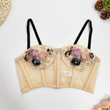 Crop Top Women Lace Mesh See Through Embroidery Sexy Cami Top With Cups Fashion Push Up Bustier Corset