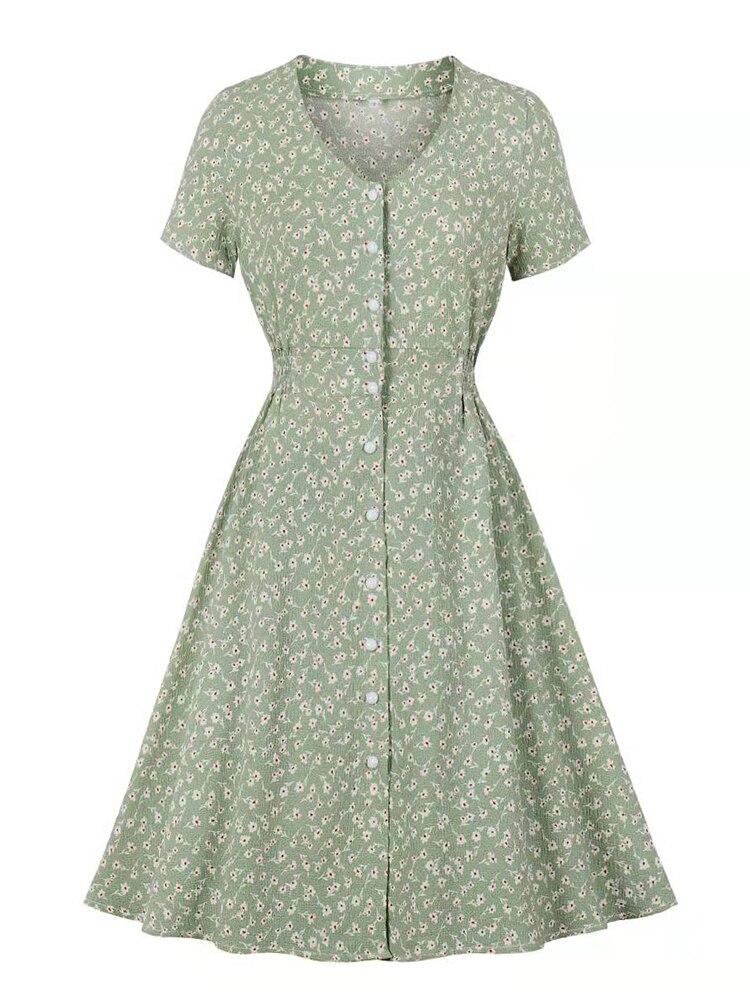 Short Sleeve V-Neck Single-Breasted Floral Robe A Line Summer Women Vintage Style Knee Length Dress in Green