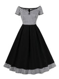 Gingham and Black Patchwork Elegant Cotton Long Dresses for Women Sexy Off Shoulder Evening Party Vintage Pleated Dress