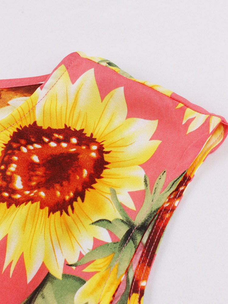 Sunflower Print High Waist Single-Breasted Summer Vintage Pleated Women Retro 50s Floral Midi Elegant Dress