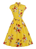 Yellow Turn-Down Collar Button Up Floral Vintage Summer Shirt Cap Sleeve Women High Waist Pocket Pleated Dress