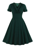 Ruched V Neck Wrap High Waist 1950S Vintage Green A Line Swing Dresses Women Summer Solid Elegant Party Midi Dress