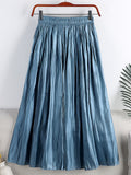 Fashion Shiny Crease Effect Vintage Elegant Women Elastic High Waist A Line Midi Skirt