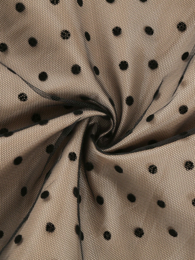 Round Neck Ruched High Waist Vintage Dot Mesh Overlay Pleated Short Sleeve Evening Elegant Party Midi Dresses