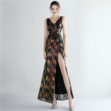 New Women V-neck Sleeveless Formal Evening Gown Sexy High Slit Sequins Long Party Dress