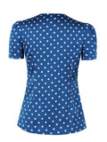 Women Blue Vintage Button Up Shirt V-Neck Short Sleeve Polka Dot Tops Summer Retro Style Slim Shirts