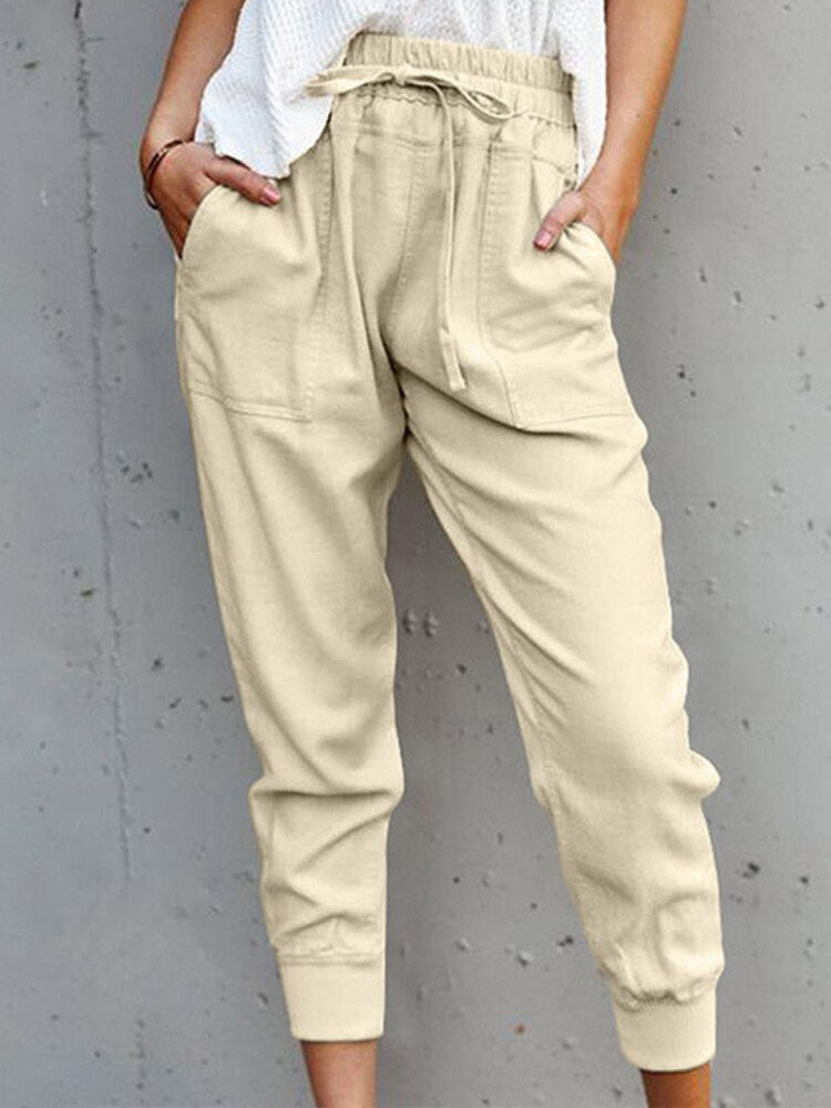 Women Cotton and Linen Solid Color Simple Lace Casual Slim Pockets Pencil Pants