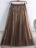 Fashion Women Glitter Lining Tulle Skirt Summer Elastic High Waist Elegant Mesh Midi Skirt