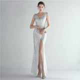 New Women V-neck Sleeveless Formal Evening Gown Sexy High Slit Sequins Long Party Dress