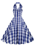 Pink Plaid Print Halter Neck Evening Party Birthday Dresses for Women Backless High Waist Rockabilly Vintage Dress