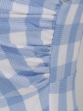 Blue and White Plaid High Waist Slim Pleated Midi Elegant Party Women Summer Vintage Dress