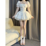 Bubble Sleeve Vintage Sweet Women Lace-up Elegant Princess Bow-knot Lolita Kawaii Mini Summer Dress