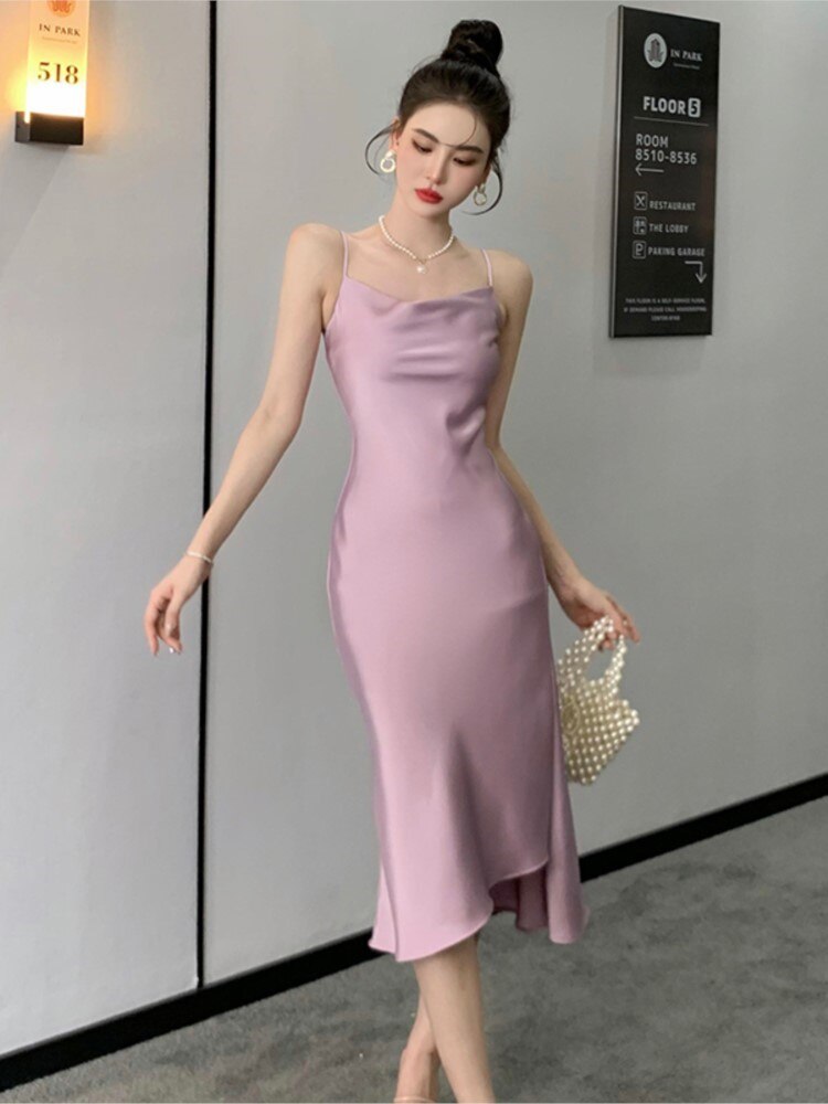New Women Spaghetti Strap Satin Midi Dress Elegant Sexy Bodycon Party Prom One Piece