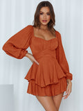 New Solid Color Women Jumpsuit Square Collar Lantern Long Sleeve Ruffled Shorts Casual Skirt Dresses