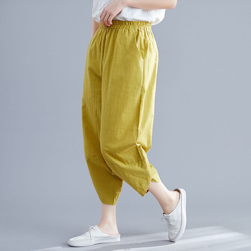 New Casual Loose Calf Trousers Cotton and Linen Women Elastic Waist Nine-point Pants