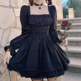 Long Sleeves Lolita Black Goth Aesthetic Puff Sleeve High Waist Vintage Bandage Lace Trim Party Gothic Dress