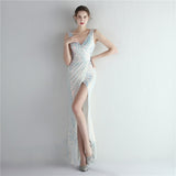 New Women V-neck Sleeveless Formal Evening Gown Sexy High Slit Sequins Long Party Dress