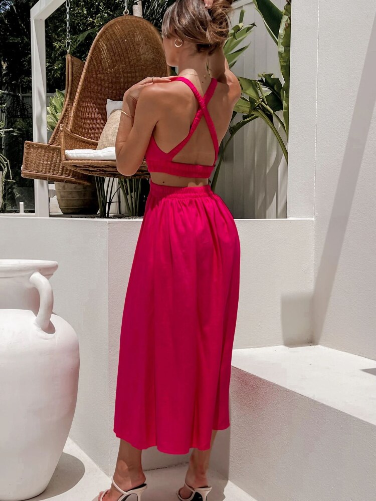 Summer New Women Open Back Rubber Band Sexy Elastic Hollow Waist Mid-length Solid Color Skirt Dress
