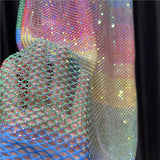 Bright Diamond Rainbow Y2K Hollow Rhinestones See-through Mesh Women Neon Color Shift Dress