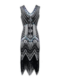 1920s Party Women Flapper Dress V-Neck Sleeveless Sequin and Beaded High Waist Evening Cocktail Midi Dresses