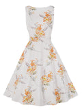 O-Neck Sleeveless Floral Print 50s A-Line Summer Women Pocket Side Vintage Dress