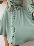 Celebrities Senior Collar Waist Women Solid Color Thin Temperament Commuter Bubble Sleeve Dress