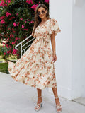 V-Neck Elegant Beach Women Party Summer Flare Sleeve High Waist Belted Vintage Floral Maxi Dresses