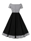 Gingham and Black Patchwork Elegant Cotton Long Dresses for Women Sexy Off Shoulder Evening Party Vintage Pleated Dress