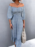 Simple Casual Square Collar Bubble Sleeve Floral Dress Retro Ankle Long Skirt