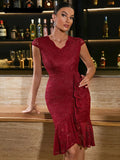 Burgundy Lace Elegant Bodycon Ruffle Mermaid Dress V-Neck Cap Sleeve Women Evening Cocktail Party Dresses