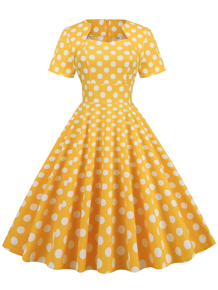 Yellow Elegant Women High Waist Rockabilly Vintage Swing Short Sleeve Summer Polka Dot Dress