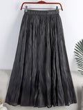 Fashion Shiny Crease Effect Vintage Elegant Women Elastic High Waist A Line Midi Skirt