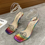 Rhinestone Bowknot Stiletto High Heels Sandals Crystal Cross Strap Party Wedding Shoes Woman Clear Heel Sandalias