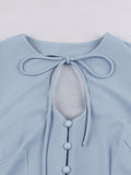 Light Blue Vintage Slim A Line Women Tie Neck Keyhole Single-Breasted 3/4 Length Sleeve Dress