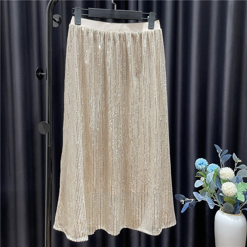 Sparkling Sequin Summer High Waist Loose and Thin Simple High-end A-line Midi Vintage Skirt