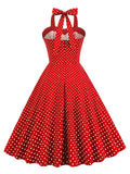 Sexy Halter Evening Vintage Party Summer Cotton Women Polka Dot Fit and Flare Backless Swing Dress