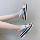 Silver Platform Wedges Sandals Women Summer Thick Sole Beach Shoes Metal Buckle Chunky Sandalias Mujer