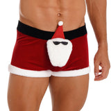 Mens Christmas Costume Boxer Shorts Low Rise Flannel Trimming Velvet Bottoms Pants with Fluffy Santa Claus Doll Cosplay Outfit