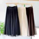 New Women Velvet Patchwork A-Line Tutu Sweet Solid Mesh Elastic High Waist Elegant Pleated Skirt