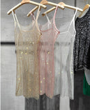 Summer Women Bodycon See Through Glitter Rhinestone Fishnet Grid Spaghetti Strap Low Cut Sleeveless Backless Mini Dresses