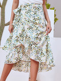 Summer Strap Split Irregular Floral Chiffon High Waist Knotted Pleated Ladies Skirt
