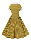 Notched Collar Bow Front Yellow Striped 40s 50s Retro Pleated Dress Short Sleeve Elegant Women Vintage Midi Dresses