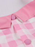 Sweetheart Neckline Halter Retro Evening Women Vintage Dress Button Front Pink Plaid Patchwork Backless Dress