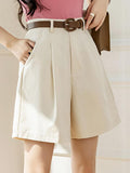 Women High-Waisted Casual Loose A-line Wide Leg Belt Straight Shorts Cargo Pants