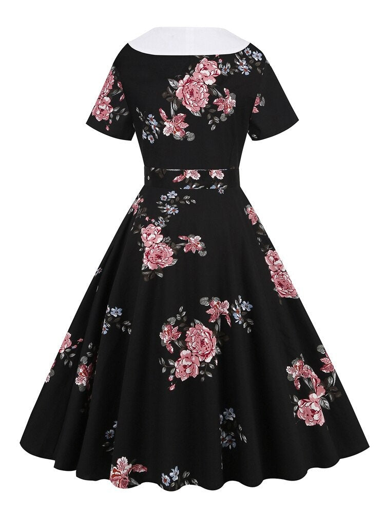 Shawl Dollar Double-Breasted Floral Print 50s Long Vintage Midi Elegant Party Cotton Dress