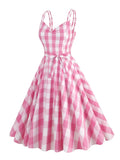 Ladies Pink and White Plaid Retro Dresses for Women Spaghetti Strap 50s Pinup Party Rockabilly Vintage Clothes