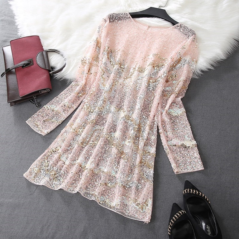 Sexy Transparent Bead Work Mesh Women Embroidery Flower T Shirts Long Sleeve Long Sequined Tops