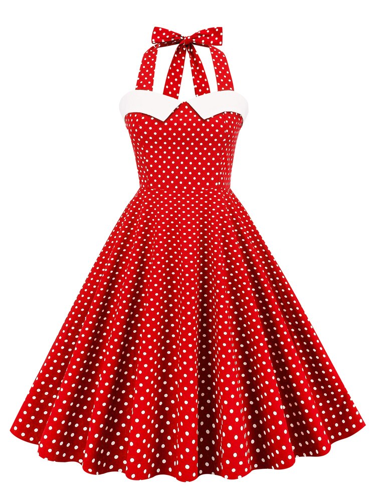 Sexy Halter Evening Vintage Party Summer Cotton Women Polka Dot Fit and Flare Backless Swing Dress