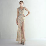 New Women V-neck Sleeveless Formal Evening Gown Sexy High Slit Sequins Long Party Dress